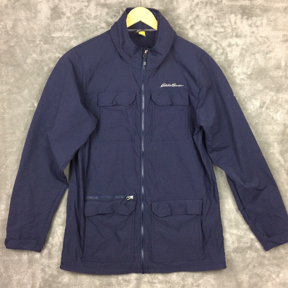 Eddie Bauer Atlas Travex Hooded Jacket Mens Large Tall TL Blue Stretch Softshell